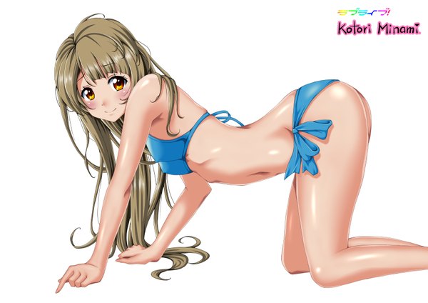 Anime picture 1637x1157 with love live! school idol project sunrise (studio) love live! minami kotori kaze makase single long hair looking at viewer blush light erotic simple background smile brown hair white background orange eyes girl navel swimsuit bikini