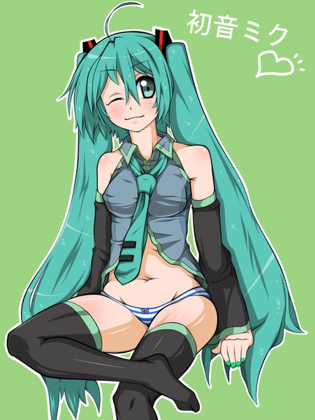 Anime picture 2290x3044 with vocaloid hatsune miku j (shining-next) single tall image highres light erotic simple background twintails ahoge very long hair one eye closed aqua eyes wink aqua hair character names green background outline girl thighhighs