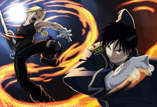 Anime picture 2000x1376 with fullmetal alchemist fullmetal alchemist brotherhood studio bones edward elric roy mustang themnaxs long hair highres short hair open mouth black hair blonde hair smile brown eyes ponytail black eyes torn clothes coloring magic muscle