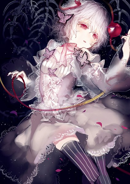 Anime-Bild 750x1061 mit touhou komeiji satori kumata (pinggai) single tall image blush fringe short hair red eyes looking away white hair nail polish parted lips skeleton girl thighhighs dress petals insect butterfly