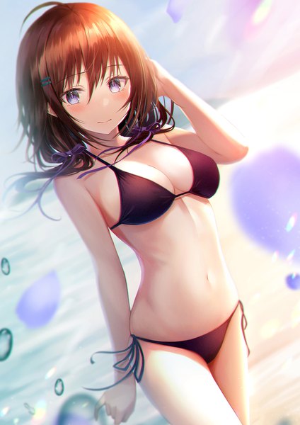 Anime picture 1061x1500 with original yk (pixiv43531291) single long hair tall image looking at viewer blush fringe breasts blue eyes light erotic smile hair between eyes brown hair standing twintails payot sky ahoge outdoors