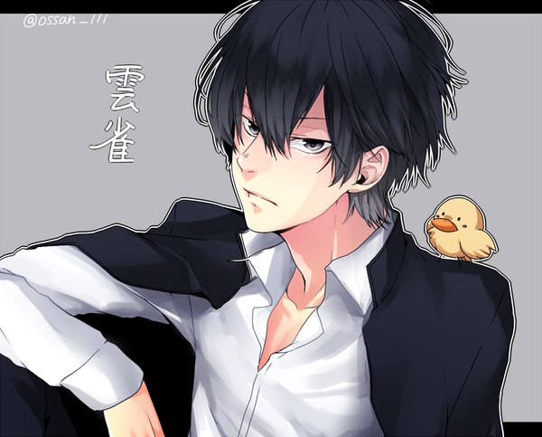 Anime picture 1000x805 with katekyou hitman reborn hibari kyouya hibird kuwa ayase single looking at viewer fringe short hair black hair simple background hair between eyes sitting signed black eyes grey background character names open collar animal on shoulder bird on shoulder vongola family