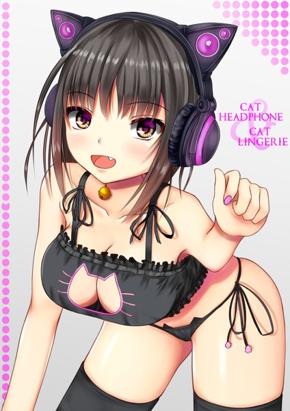 Anime picture 1447x2046 with original axent wear headphones kurokami (kurokaminohito) single tall image looking at viewer blush short hair breasts open mouth light erotic black hair brown eyes underwear only girl thighhighs underwear panties black thighhighs lingerie