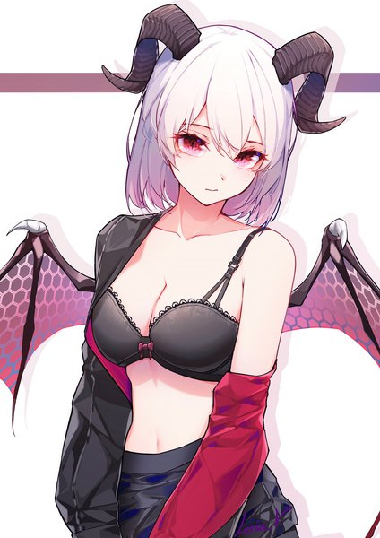 Anime picture 1200x1697 with original leria v single tall image looking at viewer fringe short hair breasts light erotic simple background hair between eyes red eyes large breasts standing white background signed cleavage upper body white hair tail