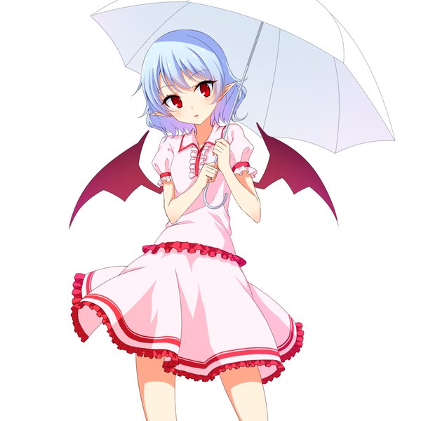 Anime picture 1280x1280 with touhou remilia scarlet junior27016 single looking at viewer short hair open mouth simple background red eyes standing white background holding blue hair parted lips pointy ears short sleeves puffy sleeves bat wings girl skirt