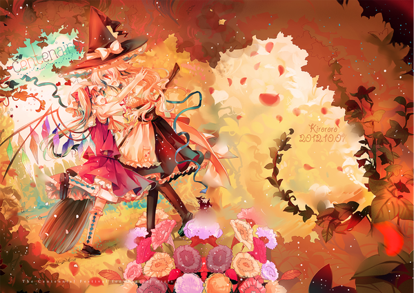 Anime picture 1401x993 with touhou flandre scarlet kirisame marisa kirero (pixiv) long hair open mouth blonde hair red eyes multiple girls eyes closed traditional clothes inscription loli miko autumn girl dress flower (flowers) 2 girls hat