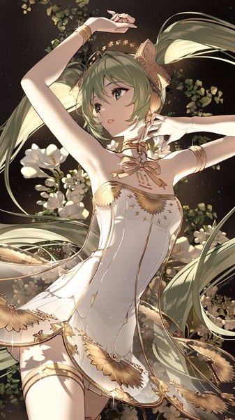 Anime picture 1080x1920 with vocaloid miku symphony (vocaloid) hatsune miku gramophone miku nardack single tall image fringe hair between eyes standing twintails bare shoulders green eyes looking away very long hair parted lips green hair arms up sparkle armpit (armpits)