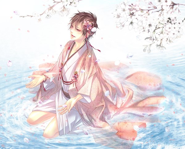 Anime picture 1488x1200 with durarara!! brains base (studio) orihara izaya sahato single short hair open mouth brown hair sitting traditional clothes japanese clothes pink eyes hair flower cherry blossoms boy hair ornament flower (flowers) petals water kimono