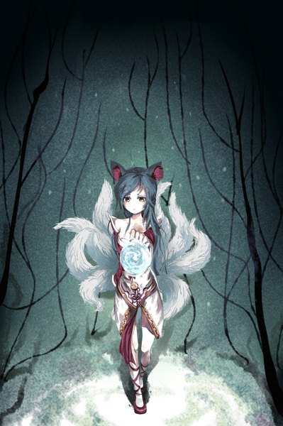 Anime picture 2185x3283 with league of legends ahri (league of legends) sian single long hair tall image highres black hair bare shoulders animal ears yellow eyes tail traditional clothes animal tail fox ears outstretched arm magic fox tail multiple tails girl