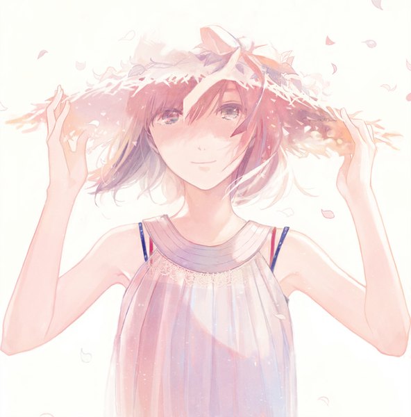 Anime picture 800x811 with original 72 (nananatsu) single tall image looking at viewer fringe short hair simple background white background wind girl bow hat petals straw hat