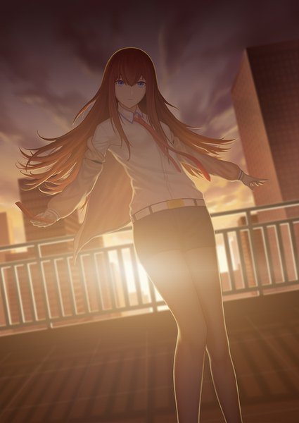 Anime picture 1062x1500 with steins;gate white fox makise kurisu missin single long hair tall image looking at viewer fringe hair between eyes brown hair purple eyes holding sky cloud (clouds) sunlight shadow city spread arms backlighting