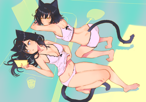 Anime picture 5181x3624 with original arutera long hair blush fringe highres short hair breasts blue eyes light erotic black hair multiple girls holding animal ears yellow eyes absurdres cleavage full body ahoge ass