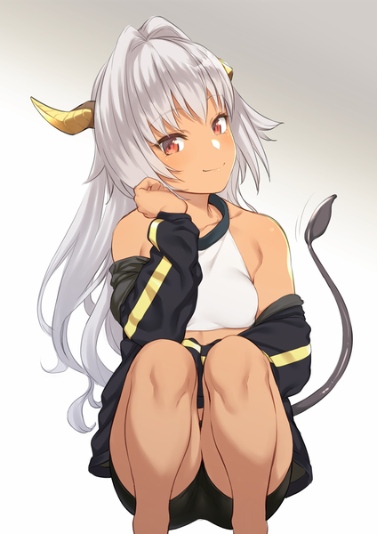 Anime picture 1000x1414 with enjo kouhai ursula (takunomi) takunomi single long hair tall image looking at viewer blush fringe breasts light erotic simple background smile red eyes silver hair tail horn (horns) off shoulder grey background open jacket