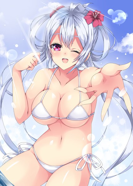 Anime picture 715x1000 with phantasy star phantasy star online 2 sega matoi (pso2) milkpanda single long hair tall image looking at viewer blush breasts open mouth light erotic red eyes large breasts silver hair ahoge one eye closed hair flower wink