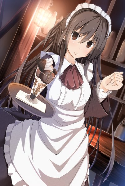 Anime picture 1100x1637 with original shirotaso0818 single long hair tall image looking at viewer black hair smile brown eyes maid girl dress food headdress sweets maid headdress ice cream