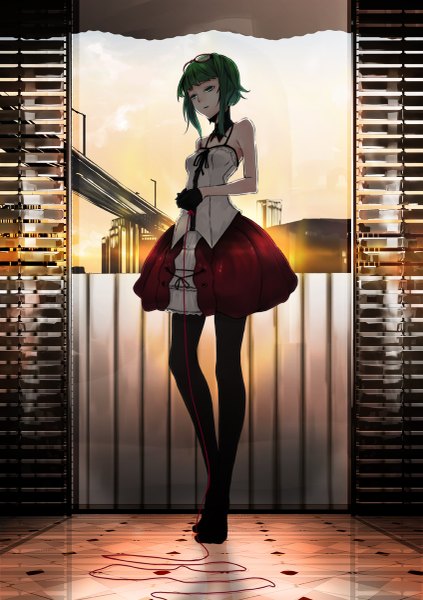 Anime picture 847x1200 with vocaloid uso to diamond (vocaloid) gumi mille (dieci) single tall image fringe short hair breasts standing green eyes green hair alternate costume sad glasses on head girl dress gloves pantyhose black gloves