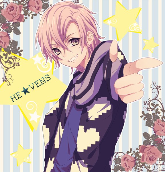 Anime picture 900x937 with uta no prince-sama a-1 pictures mikado nagi chi yu single tall image looking at viewer short hair smile pink hair grey eyes hand on hip grin outstretched arm striped pointing striped background boy gloves flower (flowers)