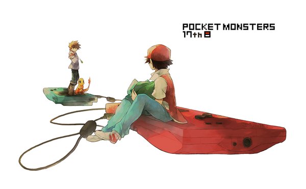 Anime picture 1701x1053 with pokemon nintendo red (pokemon) bulbasaur green (pokemon) charmander hana (mew) highres short hair black hair simple background brown hair wide image white background sitting inscription gen 1 pokemon boy animal pendant