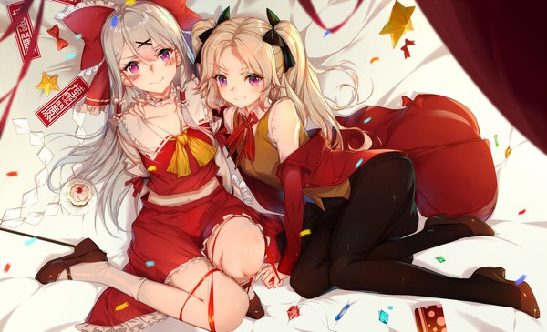 Anime picture 2000x1219 with fate (series) fate/stay night touhou original wukloo long hair blush fringe highres blonde hair hair between eyes wide image purple eyes multiple girls traditional clothes japanese clothes from above grey hair two side up hands behind back