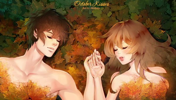 Anime picture 900x511 with original akubaka long hair short hair light erotic brown hair wide image lying eyes closed couple turning head holding hands topless convenient censoring sleeping autumn shirtless girl boy leaf (leaves)