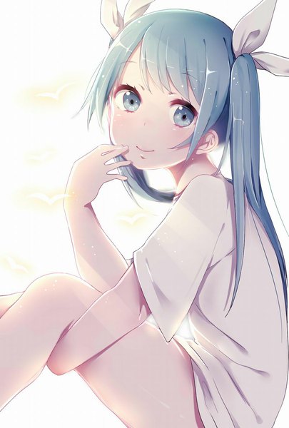 Anime picture 800x1184 with vocaloid hatsune miku fuu (07199382) single long hair tall image looking at viewer blush fringe blue eyes simple background smile white background sitting twintails blue hair legs finger to mouth light backlighting