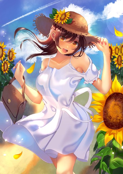 Anime picture 744x1052 with original inushima single long hair tall image looking at viewer blush fringe breasts open mouth smile hair between eyes brown hair standing bare shoulders holding sky cloud (clouds) outdoors nail polish