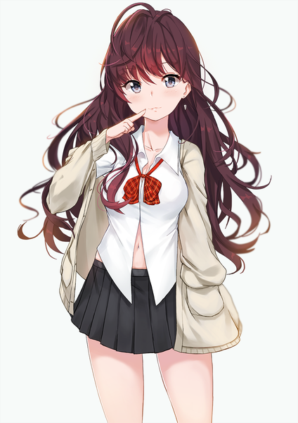Anime picture 1000x1415 with idolmaster idolmaster cinderella girls ichinose shiki nuclear warhead (anti) single long hair tall image looking at viewer blush fringe blue eyes simple background hair between eyes brown hair standing white background ahoge pleated skirt light smile lips