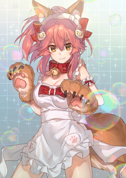Anime picture 707x1000 with fate (series) fate/grand order fate/extra tamamo (fate) (all) tamamo cat (fate) chocoan single long hair tall image looking at viewer blush fringe breasts hair between eyes large breasts standing animal ears yellow eyes payot pink hair