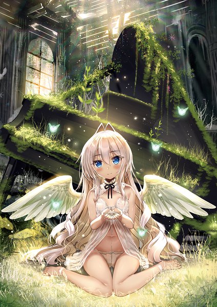 Anime picture 778x1100 with original akabane (zebrasmise) single tall image looking at viewer blush fringe blue eyes light erotic smile hair between eyes sitting bare shoulders payot silver hair full body ahoge bent knee (knees) indoors very long hair