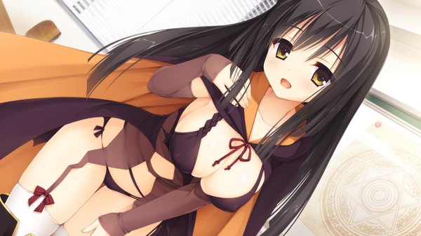 Anime picture 1280x720 with sanoba witch yuzusoft togakushi touko muririn single long hair looking at viewer blush breasts open mouth light erotic black hair smile wide image large breasts yellow eyes game cg leaning dutch angle leaning forward