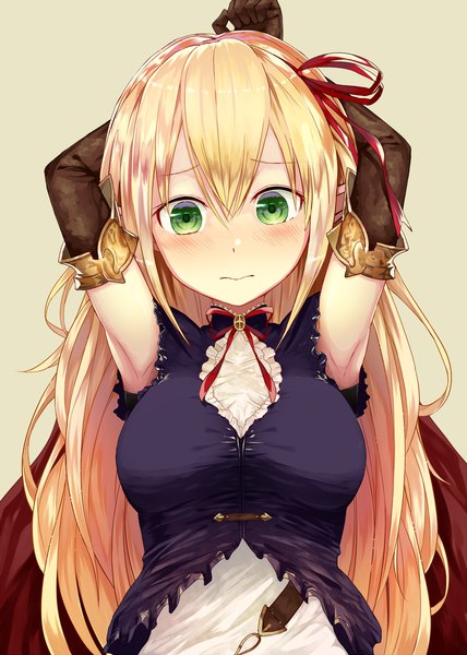 Anime picture 1500x2100 with shadowverse arisa (shadowverse) yamato (muchuu paradigm) single long hair tall image looking at viewer blush fringe breasts simple background blonde hair hair between eyes large breasts standing green eyes payot upper body pointy ears armpit (armpits)