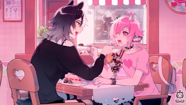 Anime picture 1920x1080 with original mazamuno blush fringe highres short hair open mouth black hair wide image sitting animal ears pink hair indoors long sleeves nail polish profile pink eyes horn (horns) hair over one eye mole