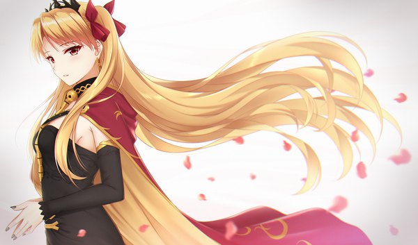 Anime picture 2000x1178 with fate (series) fate/grand order ereshkigal (fate) rko (a470350510) single looking at viewer fringe highres simple background blonde hair red eyes wide image standing very long hair nail polish parted lips two side up gradient background floating hair girl