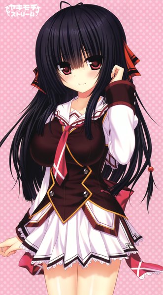 Anime picture 1539x2788 with yakimochi stream kirishima sana syroh single long hair tall image looking at viewer blush breasts black hair smile red eyes large breasts scan girl skirt uniform school uniform necktie