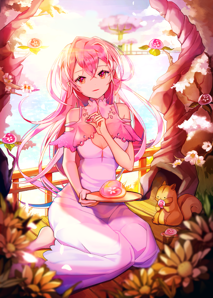 Anime picture 800x1121 with original ggomddak single long hair tall image looking at viewer fringe hair between eyes sitting bare shoulders pink hair head tilt pink eyes cherry blossoms cleavage cutout girl dress flower (flowers) animal petals