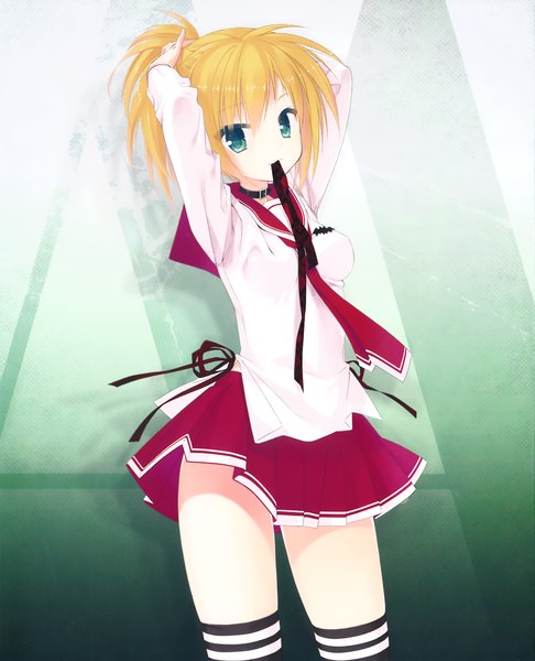 Anime picture 1638x2022 with hidan no aria hino raika kobuichi single tall image looking at viewer breasts blonde hair standing holding green eyes ponytail pleated skirt scan arms up thighs mouth hold adjusting hair ribbon in mouth girl
