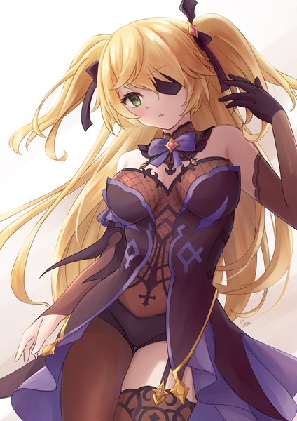 Anime picture 1273x1800 with genshin impact fischl (genshin impact) sebu illust single long hair tall image looking at viewer fringe light erotic simple background blonde hair hair between eyes green eyes two side up girl ribbon (ribbons) hair ribbon detached sleeves detached collar eyepatch