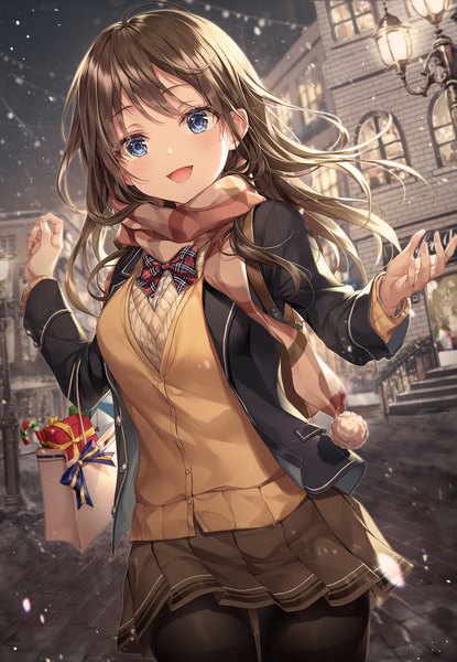 Anime picture 1500x2169 with original r o ha single long hair tall image looking at viewer blush fringe open mouth blue eyes brown hair outdoors long sleeves :d pleated skirt snowing christmas girl skirt uniform