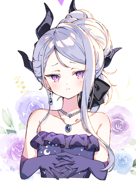 Anime picture 1794x2427 with blue archive hina (blue archive) hina (dress) (blue archive) zoirun single long hair tall image looking at viewer highres purple eyes silver hair upper body horn (horns) official alternate costume interlocked fingers floral background girl gloves earrings elbow gloves