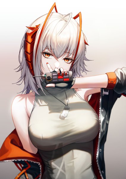 Anime picture 1131x1600 with arknights w (arknights) fall (aki) single tall image looking at viewer fringe short hair simple background hair between eyes red eyes silver hair upper body ahoge nail polish horn (horns) off shoulder grey background covered mouth red nail polish