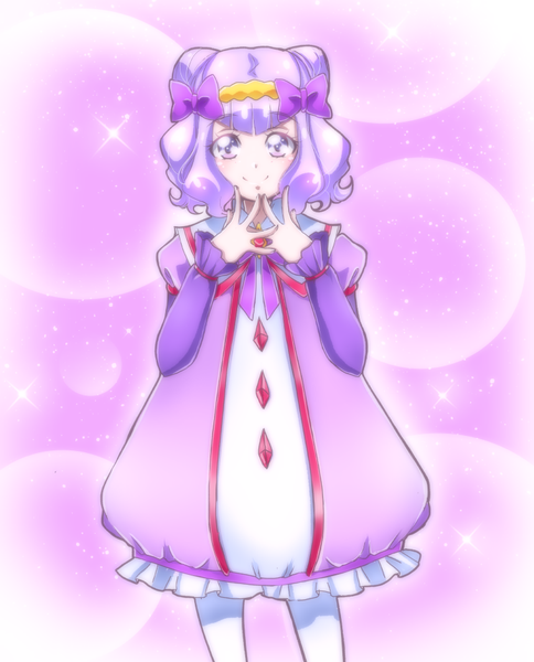 Anime picture 758x939 with precure hugtto! precure toei animation ruru amour shunciwi single tall image looking at viewer blush short hair simple background smile standing purple eyes purple hair long sleeves sparkle alternate hairstyle purple background alternate hair length