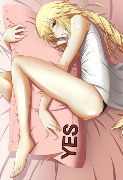 Anime picture 790x1157 with fate (series) fate/apocrypha type-moon jeanne d'arc (fate) (all) jeanne d'arc (fate) ikinokorubatu (artist) single long hair tall image blush open mouth light erotic blonde hair purple eyes barefoot bare legs pantyshot yes-no pillow girl underwear