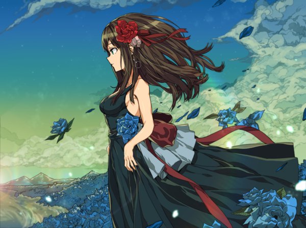 Anime picture 1294x962 with idolmaster idolmaster cinderella girls shibuya rin erere single long hair blue eyes black hair looking away sky cloud (clouds) outdoors profile hair flower wind sleeveless girl dress flower (flowers) ribbon (ribbons)