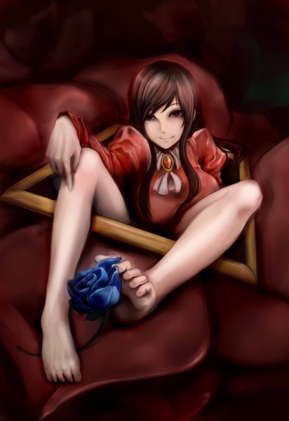 Anime picture 2031x2952 with ib (game) lady in red single long hair tall image looking at viewer highres smile brown hair sitting brown eyes barefoot girl dress flower (flowers) rose (roses) red dress blue rose