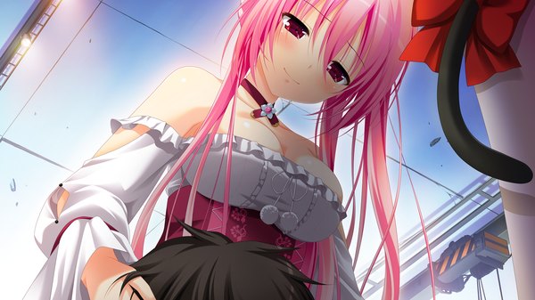 Anime picture 2560x1440 with gensou no idea nanami naru makita maki long hair blush highres breasts light erotic smile red eyes wide image large breasts bare shoulders pink hair game cg girl dress boy