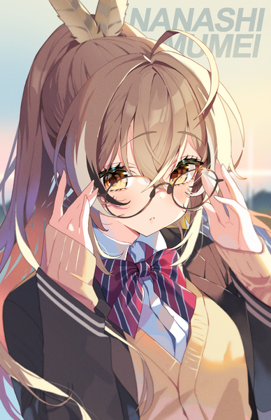 Anime picture 1500x2319 with virtual youtuber hololive hololive english nanashi mumei parfait (ryunghu) single long hair tall image blush fringe hair between eyes brown hair brown eyes upper body ahoge long sleeves character names sleeves past wrists adjusting glasses bespectacled