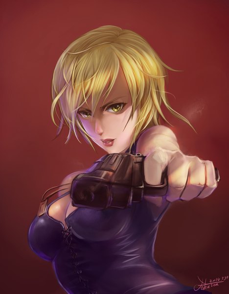 Anime picture 1521x1950 with parasite eve (game) aya brea johnson zhuang single tall image short hair blonde hair yellow eyes lips lipstick red background girl bodysuit