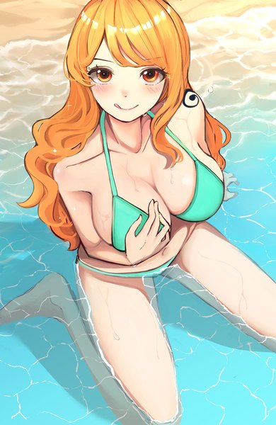 Anime picture 1284x1977 with one piece toei animation nami (one piece) kasumi 6 single long hair tall image looking at viewer blush breasts light erotic large breasts sitting from above orange hair orange eyes partially submerged hand on chest wariza :q