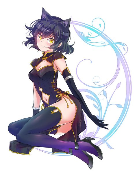 Anime picture 1105x1400 with rwby rooster teeth blake belladonna iesupa single tall image looking at viewer fringe short hair light erotic black hair simple background smile hair between eyes white background sitting animal ears yellow eyes traditional clothes cat ears