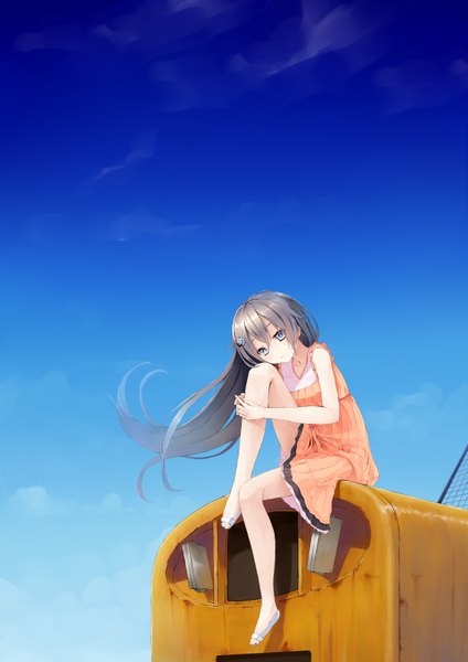 Anime picture 1131x1600 with original uttt single long hair tall image looking at viewer blue eyes sitting cloud (clouds) grey hair legs girl dress sundress